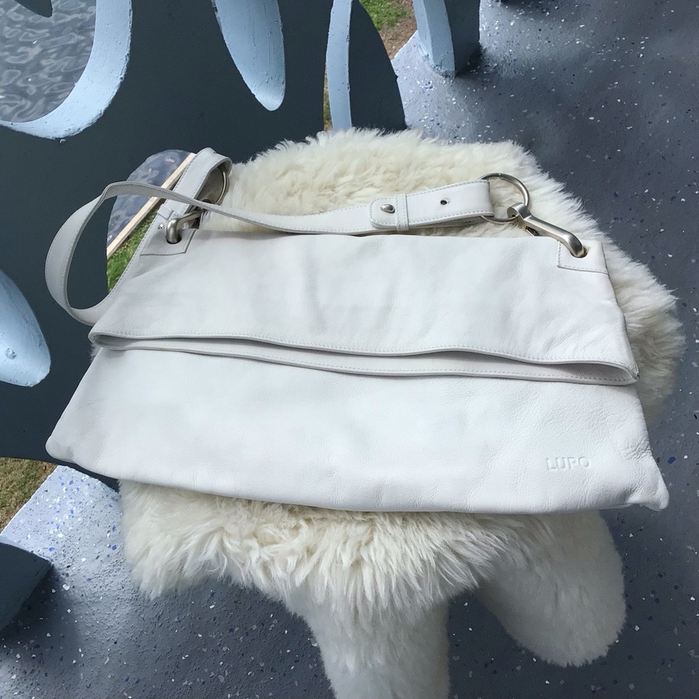 Lupo Luxury White Leather Fold Over Hobo, Shoulder Handbag